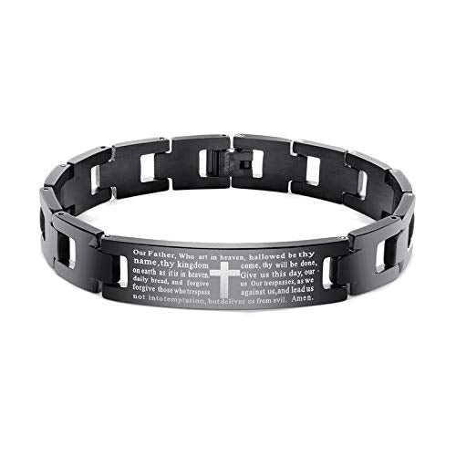 Asma Jewel House Stainless Steel Black Holy Bible Verse Christian Lord's Prayer Cross engraved bracelet for Men/Boys (Spanish)