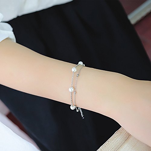 Asma Jewel House Pearl Simple and Sweet Multilayer Double Chain Bracelet Two Colors Silver and Rose Gold for Women Girls (Rose Gold)