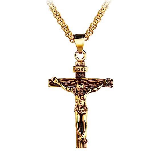 Asma Jewel House Stainless Steel Jesus Crucifix Cross Gold Plated Pendant Necklace for Men/Boys