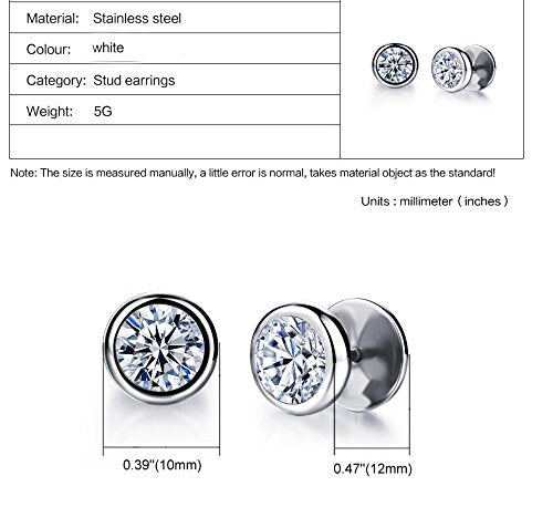 Asma Jewel House Big Cubic Zirconia Unisex Round Classical Stainless Steel Black Stud Earrings For Men & Women