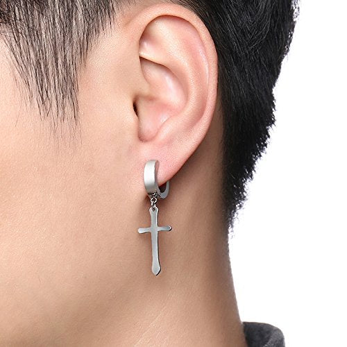 Asma Jewel House Black Cross Punk Hiphop Stainless Steel Dangle Non Pierced Earrings for Men/Boys