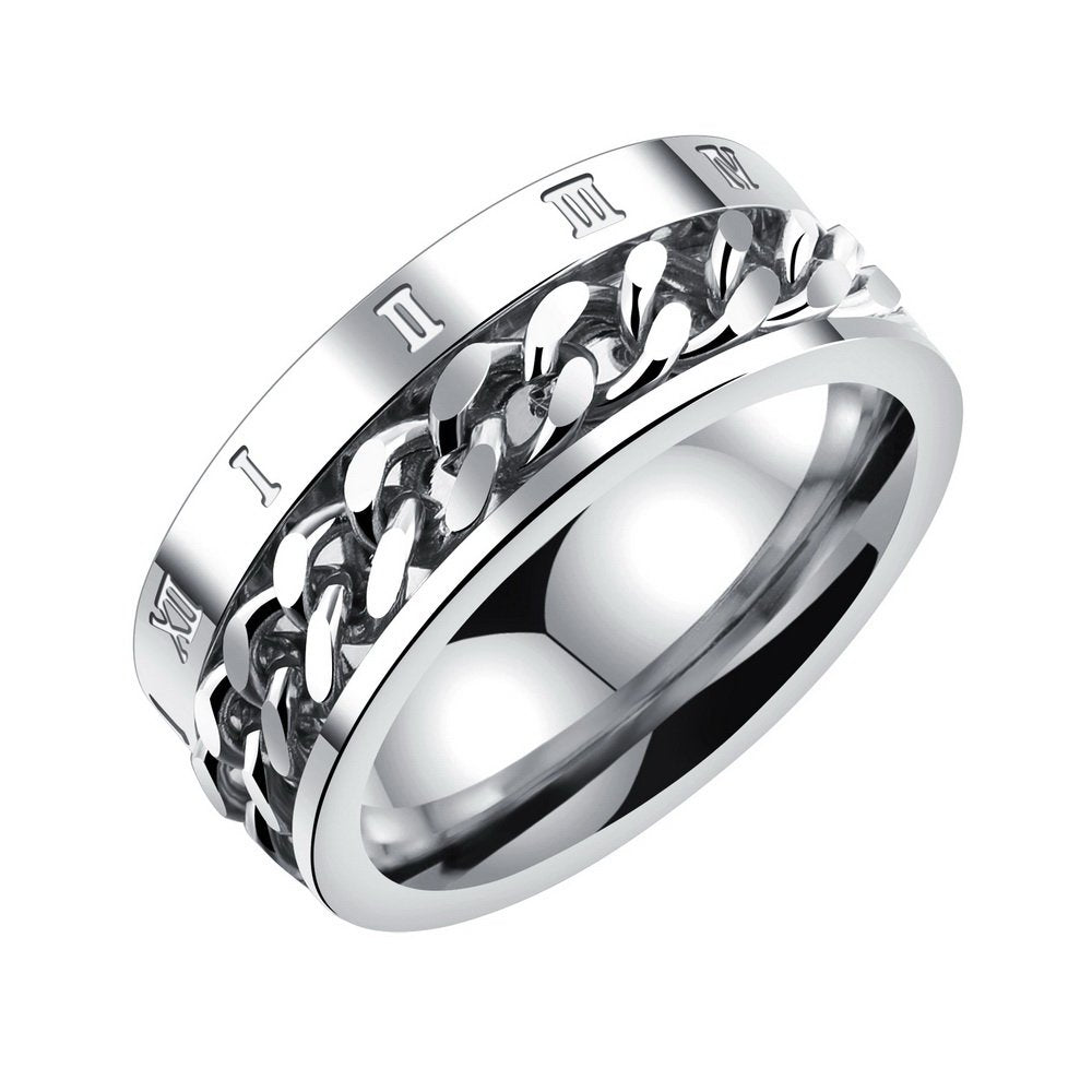 Asma Jewel House Unique Chain Silver Spinner Roman Numerals 8mm Stainless Steel Ring for Men/Boys