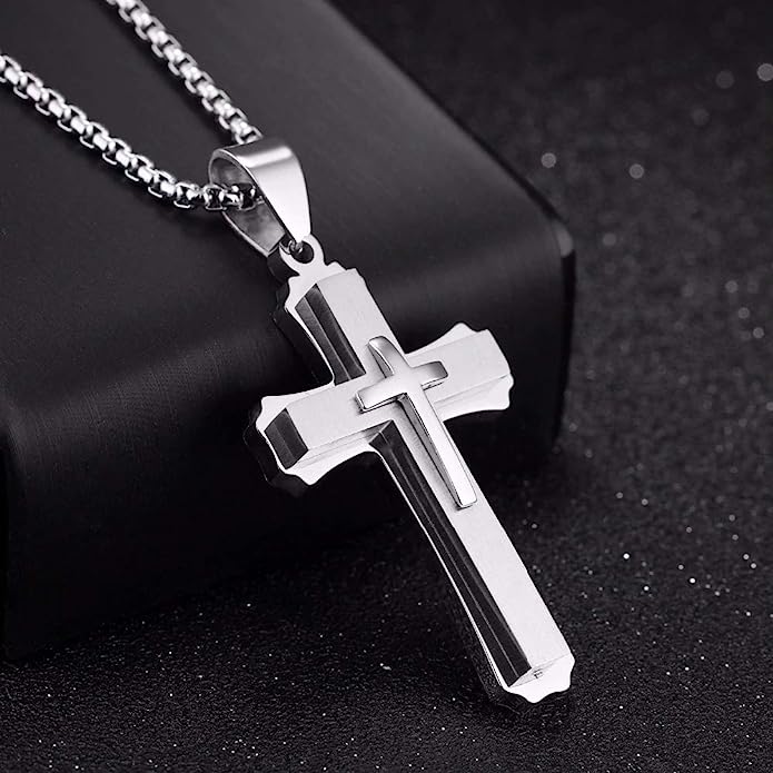 Asma Jewel House Double Cross Three Dimensional 3D Pendant Necklace 2 Colors Silver/Gold+Black Color Stainless Steel 55CM Box Link Chain for Men/Boys (Gold+Black)