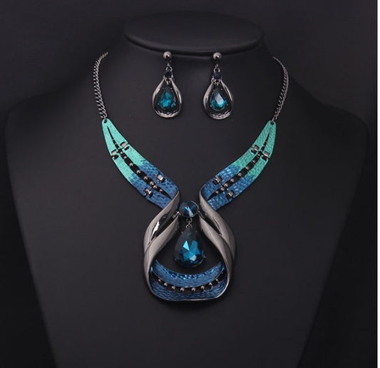 Asma Jewel House blue green big gem Crystal Statement bead collar choker necklace set with earrings for women