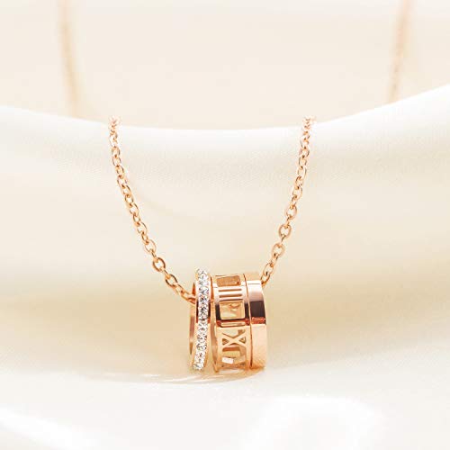 Asma Jewel House Tripple Ring Rose Gold Diamond Roman Numerals Pendant Necklace for Women Girls