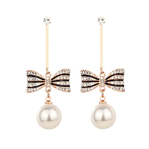 Asma Jewel House Simulated Pearl Bowknot Gold Tone Dangle White crystal Drop Earrings for women