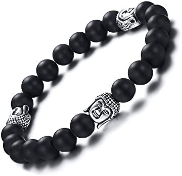 Asma Jewel House 1PC Stainless Steel Black Agate Beaded Silver Buddha Bracelet for Women & Men