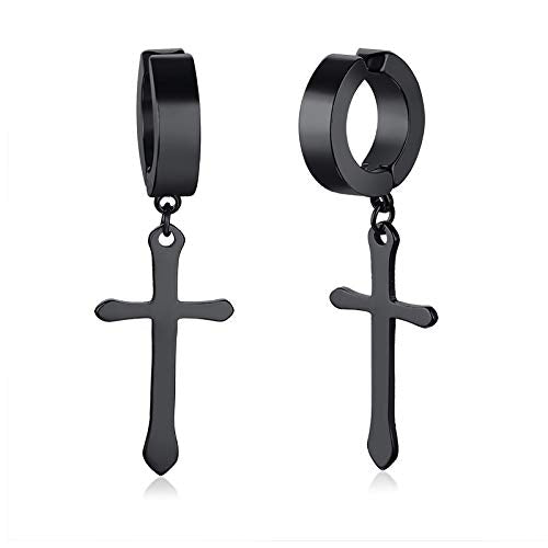 Asma Jewel House Black Cross Punk Hiphop Stainless Steel Dangle Non Pierced Earrings for Men/Boys