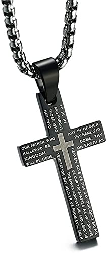 Asma Jewel House Men's Stainless Steel Lord's Prayer Bible Verse Engraved Cross Pendant Necklace,Free Chain (Black)