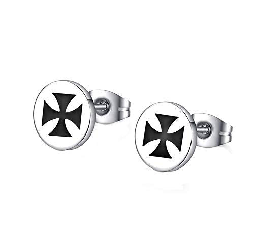 Asma Jewel House Unisex Stainless Steel Maltese Cross Small Round Stud 8mm Earrings for Men and Women