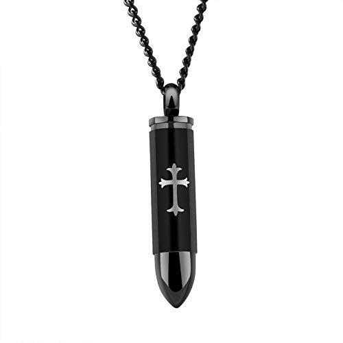 Asma Jewel House Black Bullet Cross Pendant can be Opened to Put Paper Ashes Urn Memorial Keepsake Necklace for Men/Women