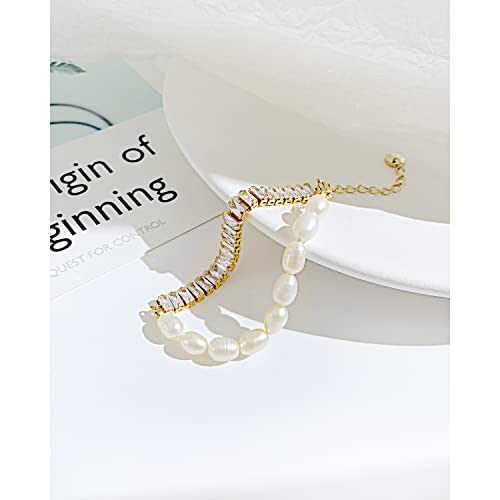 Asma Jewel House luxury freshwater pearl inlaid zircon stainless steel bracelet for girls women (Gold)