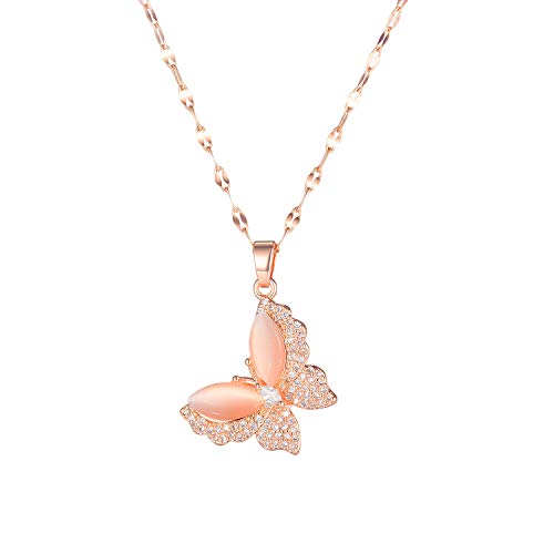 Asma Jewel House Rose Gold Stainless Steel Zircon Butterfly Pendant Necklace for Girls Women