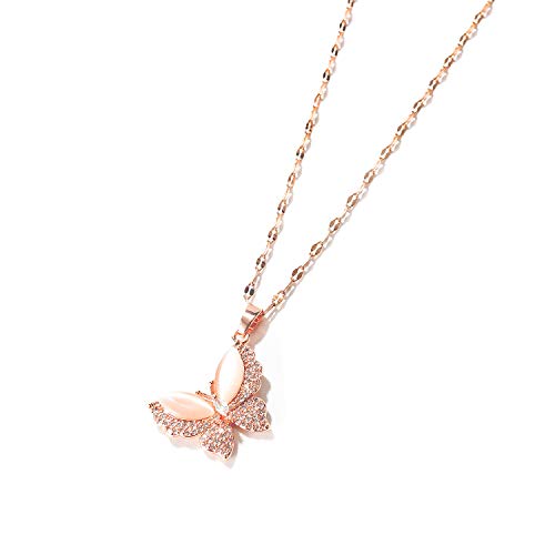 Asma Jewel House Rose Gold Stainless Steel Zircon Butterfly Pendant Necklace for Girls Women