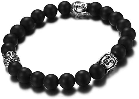 Asma Jewel House 1PC Stainless Steel Black Agate Beaded Silver Buddha Bracelet for Women & Men