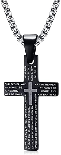 Asma Jewel House Men's Stainless Steel Lord's Prayer Bible Verse Engraved Cross Pendant Necklace,Free Chain (Black)