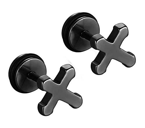 Asma Jewel House Stainless Steel Black Small Cross Stud Earrings with Screw Back for Men/Boys