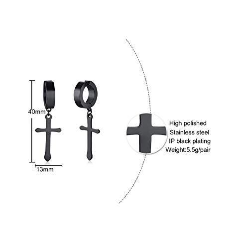 Asma Jewel House Black Cross Punk Hiphop Stainless Steel Dangle Non Pierced Earrings for Men/Boys