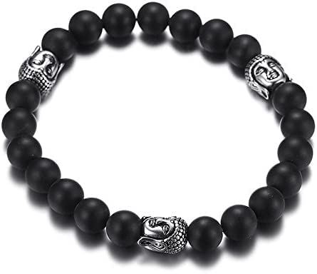 Asma Jewel House 1PC Stainless Steel Black Agate Beaded Silver Buddha Bracelet for Women & Men