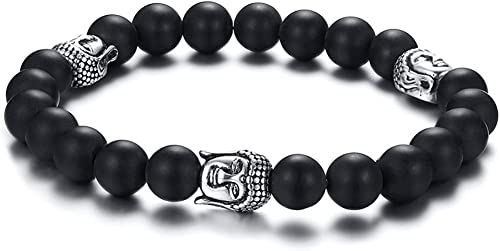 Asma Jewel House 1PC Stainless Steel Black Agate Beaded Silver Buddha Bracelet for Women & Men