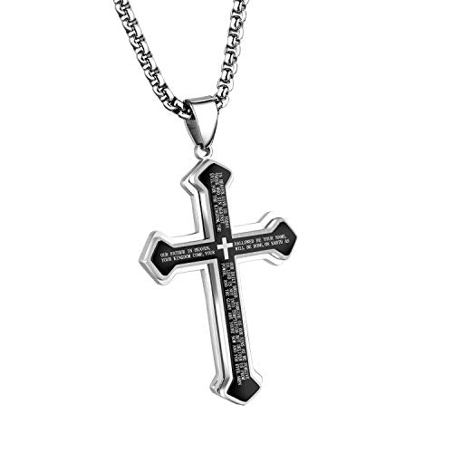 Asma Jewel House Spanish Bible Prayer Stainless Steel Three Layers Cross Pendant Necklace for Men/Boys