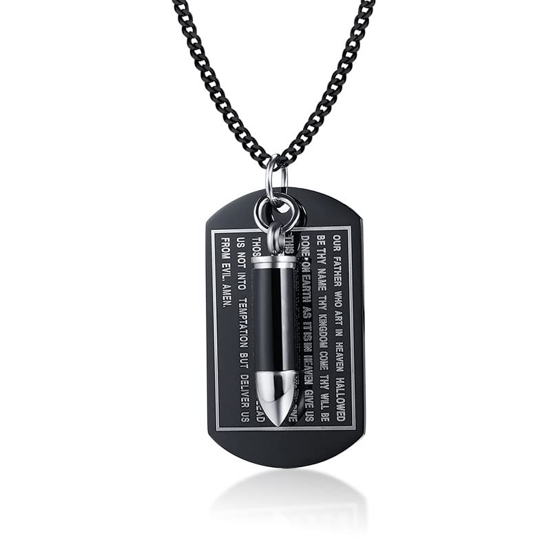 Asma Jewel House Black Stainless Steel 2 in 1 Bible English Verses Engraved Dog Tag Pendant Bullet Ashes Cremation Urn Necklace for Men