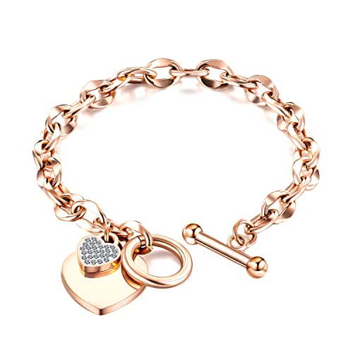 Asma Jewel House Link Rose Gold/Silver Tone Crystal Love Heart Tag Toggle Clasp Designer Charm Stainless Chain Bangle for Women (Rose Gold)