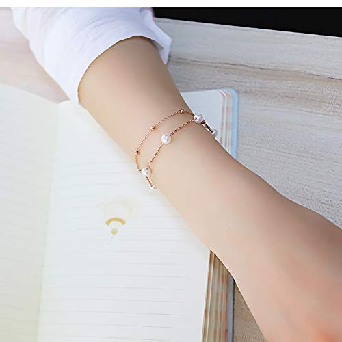 Asma Jewel House Pearl Simple and Sweet Multilayer Double Chain Bracelet Two Colors Silver and Rose Gold for Women Girls (Rose Gold)