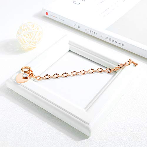 Asma Jewel House Link Rose Gold/Silver Tone Crystal Love Heart Tag Toggle Clasp Designer Charm Stainless Chain Bangle for Women (Rose Gold)