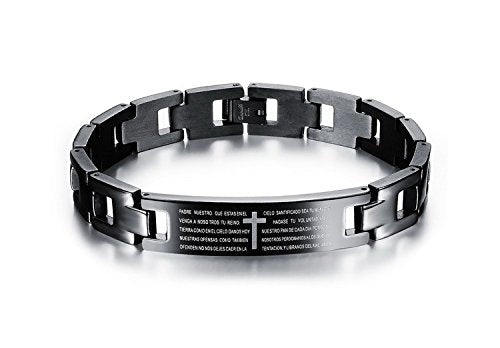 Asma Jewel House Stainless Steel Black Holy Bible Verse Christian Lord's Prayer Cross engraved bracelet for Men/Boys (Spanish)