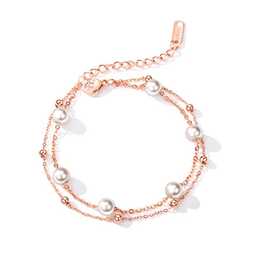 Asma Jewel House Pearl Simple and Sweet Multilayer Double Chain Bracelet Two Colors Silver and Rose Gold for Women Girls (Rose Gold)