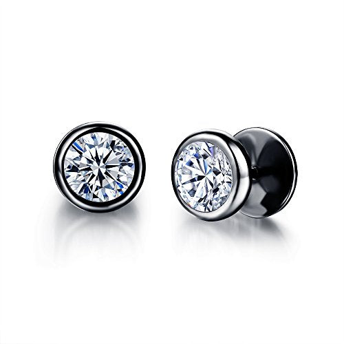 Asma Jewel House Big Cubic Zirconia Unisex Round Classical Stainless Steel Black Stud Earrings For Men & Women