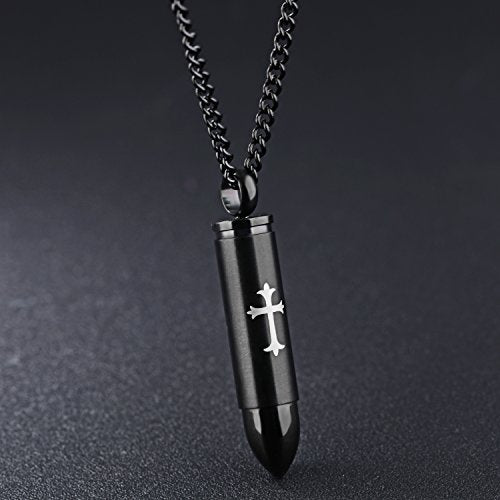 Asma Jewel House Black Bullet Cross Pendant can be Opened to Put Paper Ashes Urn Memorial Keepsake Necklace for Men/Women