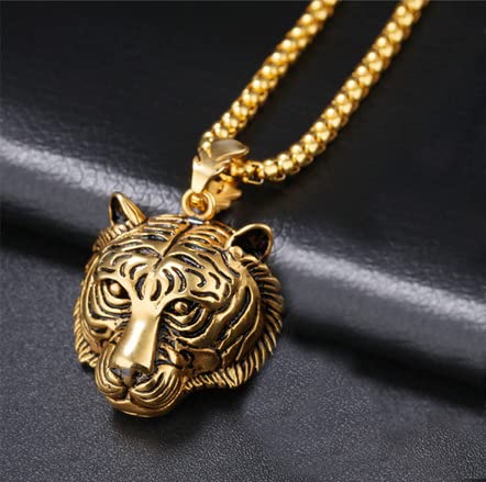 Asma Jewel House vintage domineering tiger head pendant stainless steel Necklace for Men/Boys (Gold)