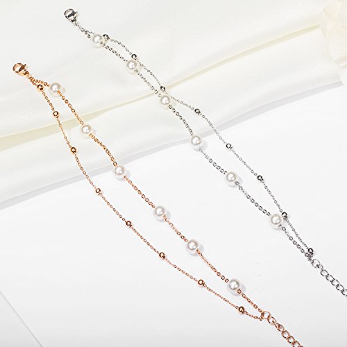 Asma Jewel House Pearl Simple and Sweet Multilayer Double Chain Bracelet Two Colors Silver and Rose Gold for Women Girls (Rose Gold)