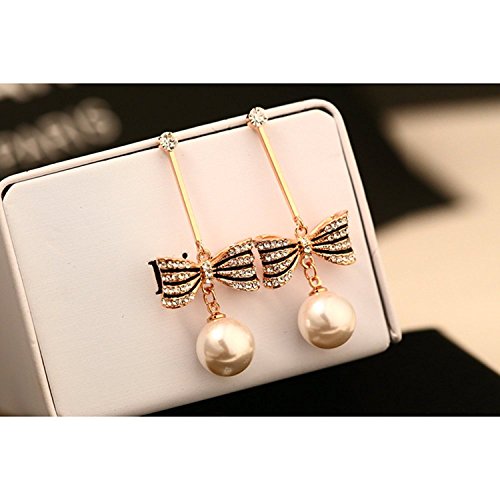 Asma Jewel House Simulated Pearl Bowknot Gold Tone Dangle White crystal Drop Earrings for women