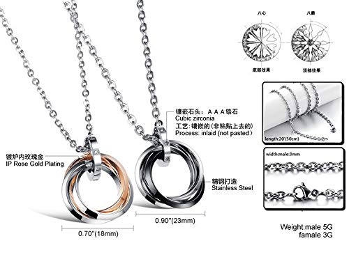 Asma Jewel House Three Rings Round Circle Pendant Couple Love Matching Pendant Necklace for Lovers/Couples Set of 2