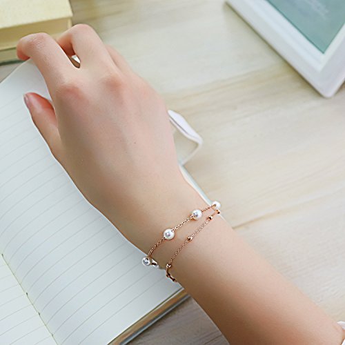 Asma Jewel House Pearl Simple and Sweet Multilayer Double Chain Bracelet Two Colors Silver and Rose Gold for Women Girls (Rose Gold)