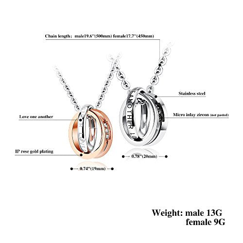 Asma Love ONE Another Double Rings Stainless Steel Zircon Pendant Necklace, Silver/Rose Gold for Couples