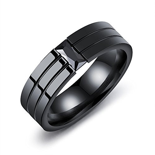 Asma Jewel House Full Black Stainless Steel w/Zirconia & Groove Design 6mm Width Ring for Men/Boys