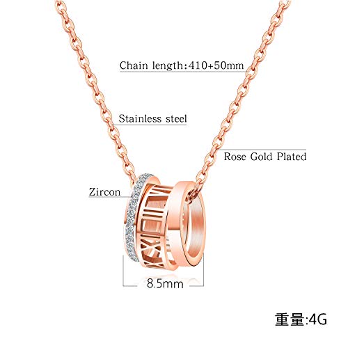 Asma Jewel House Tripple Ring Rose Gold Diamond Roman Numerals Pendant Necklace for Women Girls