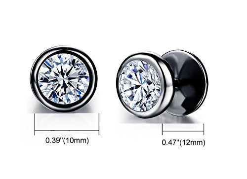 Asma Jewel House Big Cubic Zirconia Unisex Round Classical Stainless Steel Black Stud Earrings For Men & Women