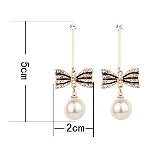 Asma Jewel House Simulated Pearl Bowknot Gold Tone Dangle White crystal Drop Earrings for women