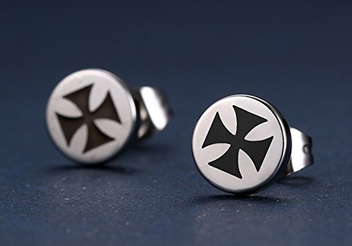 Asma Jewel House Unisex Stainless Steel Maltese Cross Small Round Stud 8mm Earrings for Men and Women