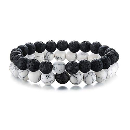 Asma Jewel House 2 Pcs Set Couples Distance Bracelets for Women Man Natural Stone White and Black Yin Yang Beads Best Friends Bracelet