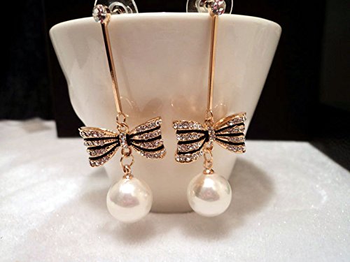 Asma Jewel House Simulated Pearl Bowknot Gold Tone Dangle White crystal Drop Earrings for women