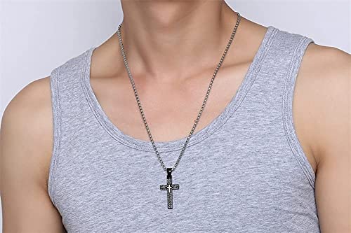 Asma Jewel House Men's Stainless Steel Lord's Prayer Bible Verse Engraved Cross Pendant Necklace,Free Chain (Black)