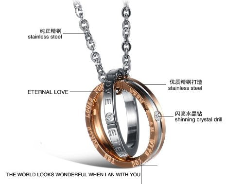 Asma Jewel House double ring ETERNAL LOVE stainless steel couple pendant necklace men and women For Lovers/couples set of 2