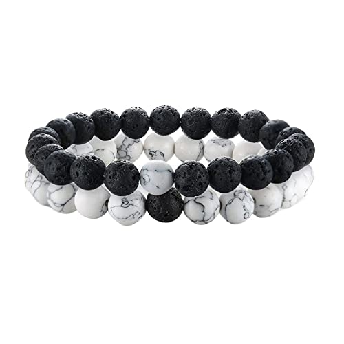 Asma Jewel House 2 Pcs Set Couples Distance Bracelets for Women Man Natural Stone White and Black Yin Yang Beads Best Friends Bracelet