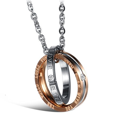 Asma Jewel House double ring ETERNAL LOVE stainless steel couple pendant necklace men and women For Lovers/couples set of 2